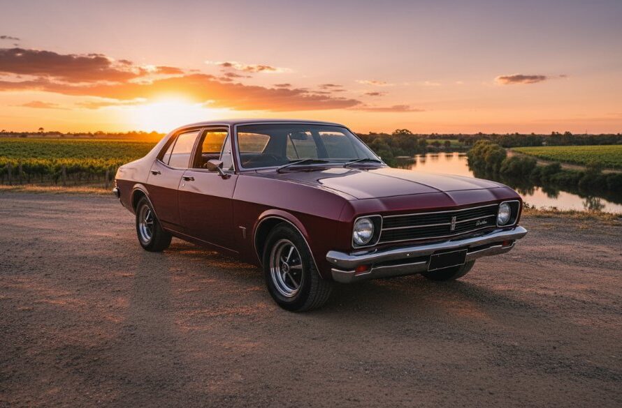 Dramatic, golden hour shot showcasing Merbein classic car photography capturing local heritage, featuring a perfectly restored vintage Holden parked by the Murray River, bathed in warm sunset light, evoking nostalgia and power.
