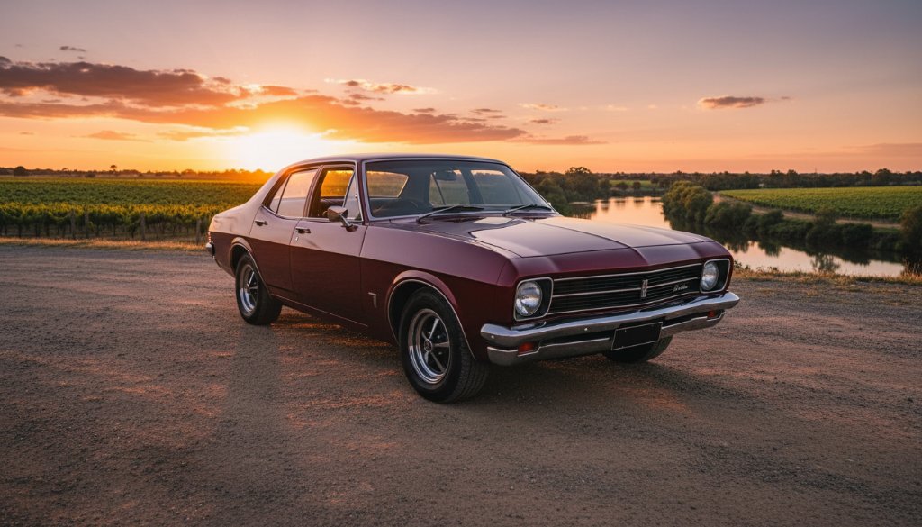 Dramatic, golden hour shot showcasing Merbein classic car photography capturing local heritage, featuring a perfectly restored vintage Holden parked by the Murray River, bathed in warm sunset light, evoking nostalgia and power.