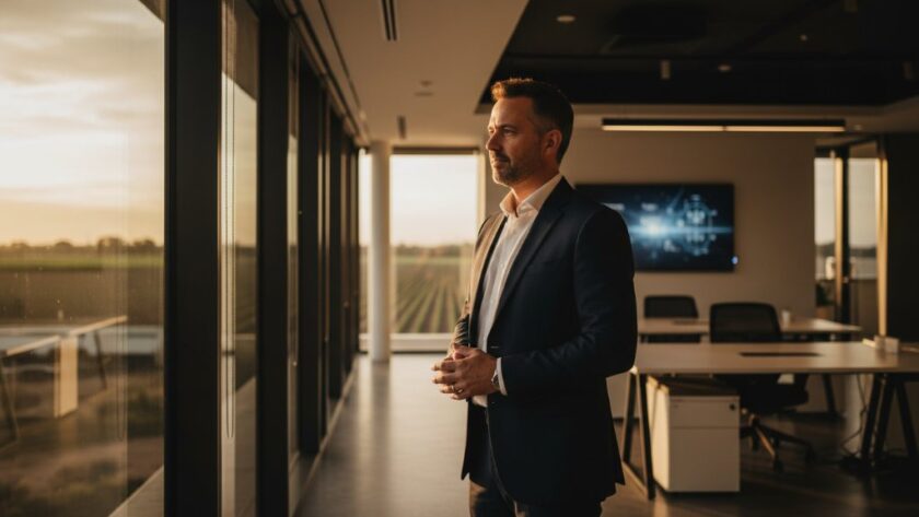 Dynamic Merbein corporate photography for standout business profiles, capturing a successful business owner in a modern office, dramatically lit by sunset, reflecting confidence and innovation.