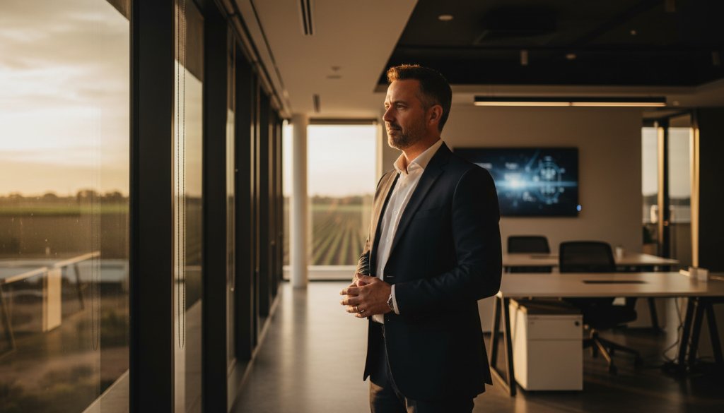 Dynamic Merbein corporate photography for standout business profiles, capturing a successful business owner in a modern office, dramatically lit by sunset, reflecting confidence and innovation.