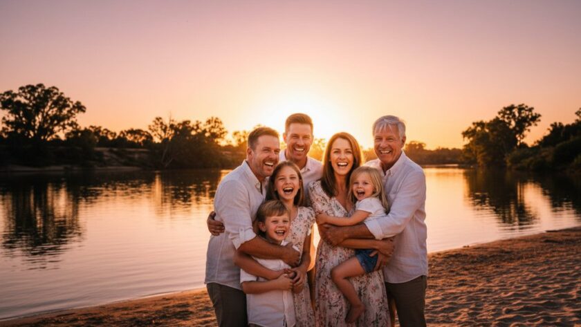 A Merbein family photography sunset river session showcasing a candid, joyful family embracing on the banks of the Murray River at golden hour. Warm, dramatic sunlight backlights their silhouettes against the shimmering water, capturing an epic, emotional moment of connection. Professional photography with rich colour grading.