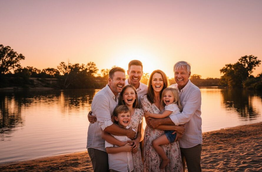 A Merbein family photography sunset river session showcasing a candid, joyful family embracing on the banks of the Murray River at golden hour. Warm, dramatic sunlight backlights their silhouettes against the shimmering water, capturing an epic, emotional moment of connection. Professional photography with rich colour grading.