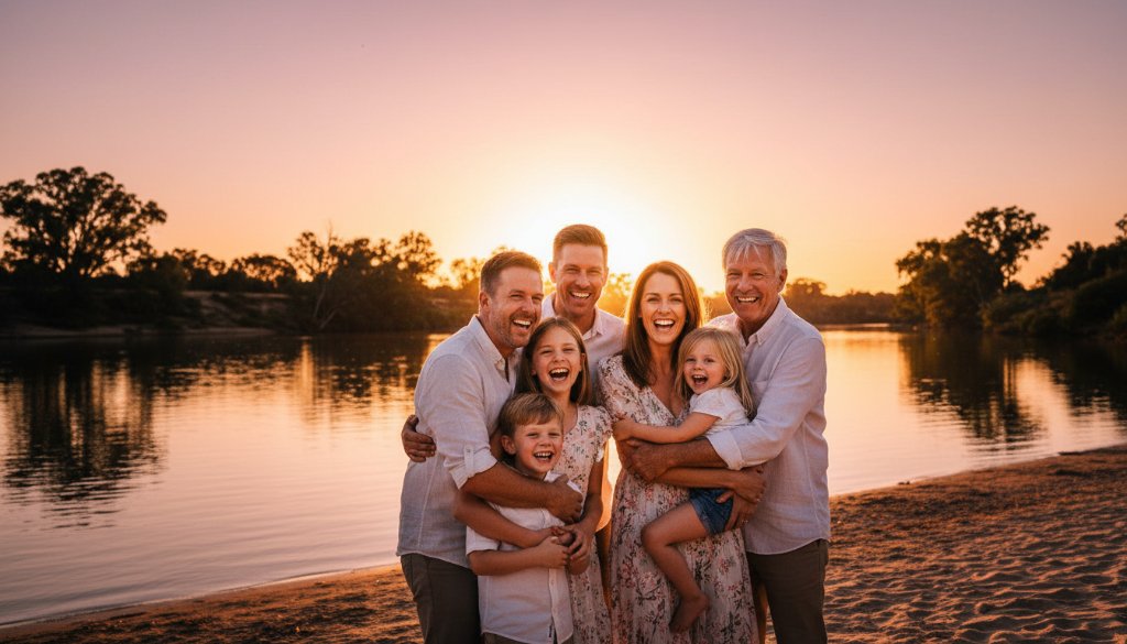 A Merbein family photography sunset river session showcasing a candid, joyful family embracing on the banks of the Murray River at golden hour. Warm, dramatic sunlight backlights their silhouettes against the shimmering water, capturing an epic, emotional moment of connection. Professional photography with rich colour grading.