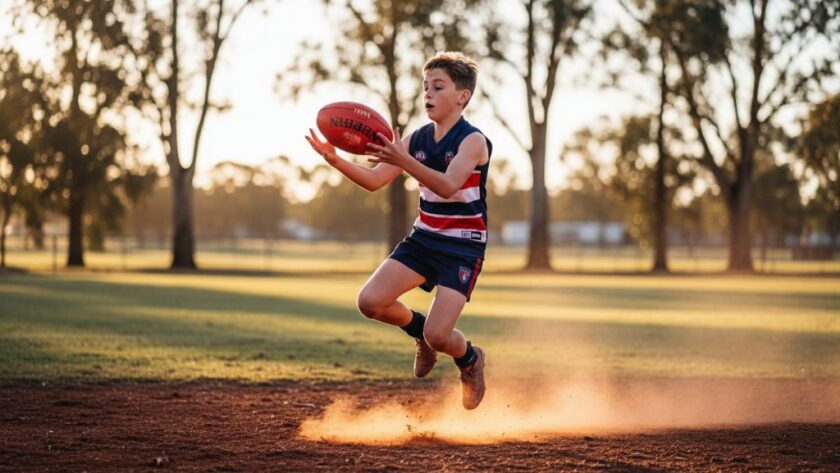 A powerful, dramatically lit photograph of a young athlete mid-jump during a football match at the Merbein Recreation Reserve, celebrating Merbein Junior Sporting Moments Captured Professionally, with the vibrant green oval and sunset glow in the background, showcasing determination and athleticism.