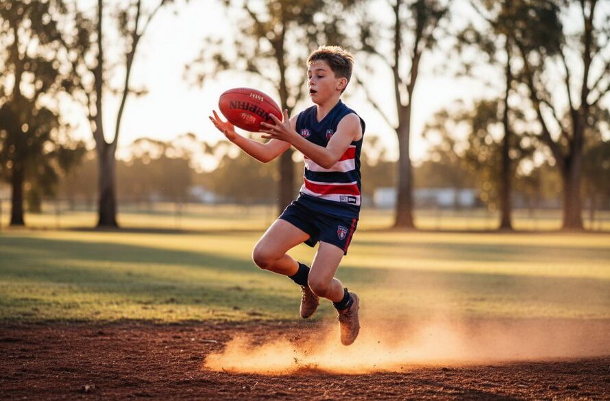 A powerful, dramatically lit photograph of a young athlete mid-jump during a football match at the Merbein Recreation Reserve, celebrating Merbein Junior Sporting Moments Captured Professionally, with the vibrant green oval and sunset glow in the background, showcasing determination and athleticism.