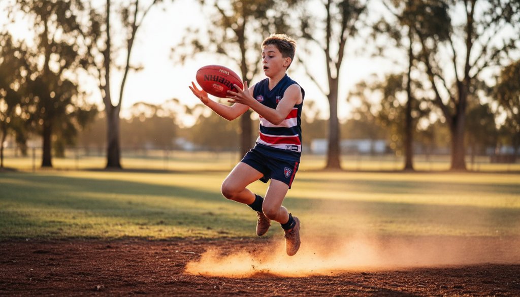 A powerful, dramatically lit photograph of a young athlete mid-jump during a football match at the Merbein Recreation Reserve, celebrating Merbein Junior Sporting Moments Captured Professionally, with the vibrant green oval and sunset glow in the background, showcasing determination and athleticism.