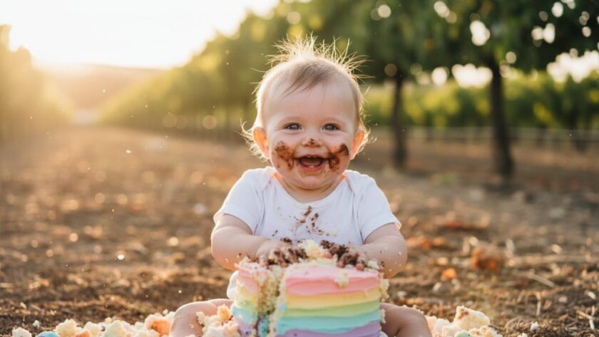 An epic moment captured during a Merbein Victoria Cake Smash Photography joyful first birthday photoshoot, featuring a baby gleefully smashing a colourful cake outdoors with golden hour sunlight, creating a magical, messy celebration.