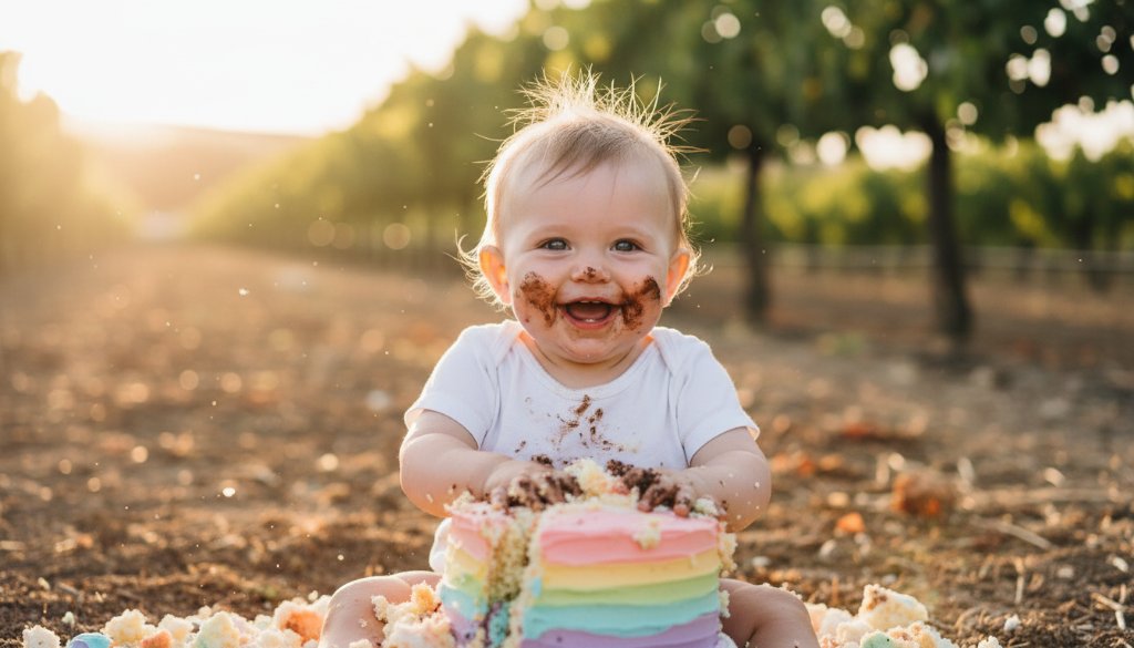 An epic moment captured during a Merbein Victoria Cake Smash Photography joyful first birthday photoshoot, featuring a baby gleefully smashing a colourful cake outdoors with golden hour sunlight, creating a magical, messy celebration.