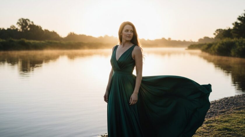 A breathtaking Merbein Victoria fine art photography timeless portraiture of a woman in an elegant flowing gown, silhouetted against a dramatic sunset over the Murray River, her expression serene and powerful, evoking a sense of timeless beauty and artistic grace.
