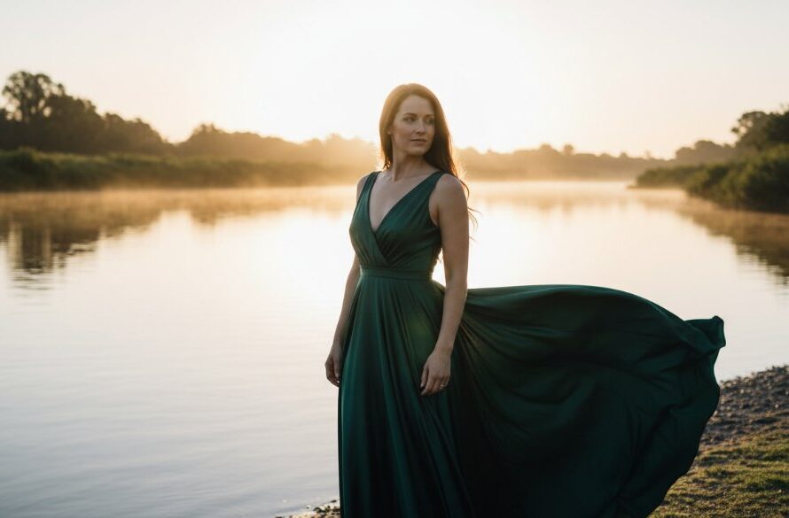 A breathtaking Merbein Victoria fine art photography timeless portraiture of a woman in an elegant flowing gown, silhouetted against a dramatic sunset over the Murray River, her expression serene and powerful, evoking a sense of timeless beauty and artistic grace.