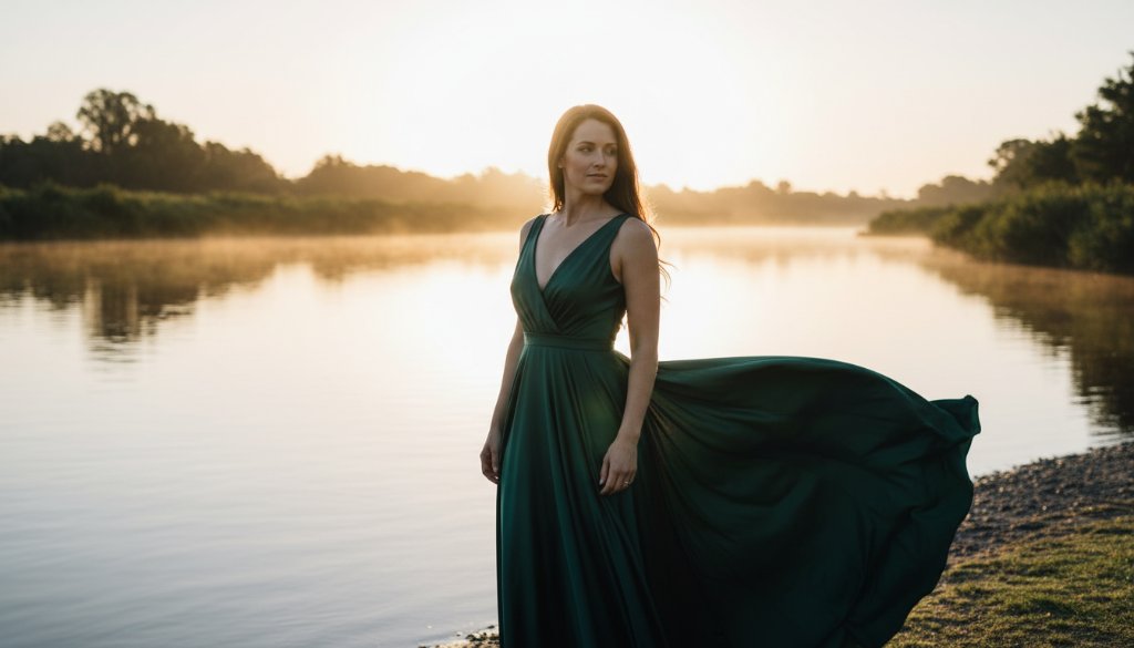 A breathtaking Merbein Victoria fine art photography timeless portraiture of a woman in an elegant flowing gown, silhouetted against a dramatic sunset over the Murray River, her expression serene and powerful, evoking a sense of timeless beauty and artistic grace.