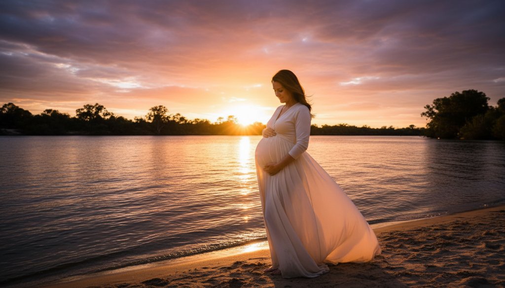 An expectant mother glowing during a Merbein Victoria Maternity Photoshoot Sunset session. She stands by the Murray River, silhouetted against a fiery orange and purple sky, gently cradling her baby bump. The scene is professionally color-graded with dramatic backlighting.