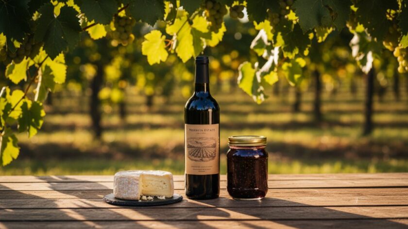 Dramatic, professionally lit photograph showcasing exquisite artisan food products arranged on a rustic table amidst a sun-drenched Merbein vineyard, highlighting Merbein vineyard product photography for artisan food brands.