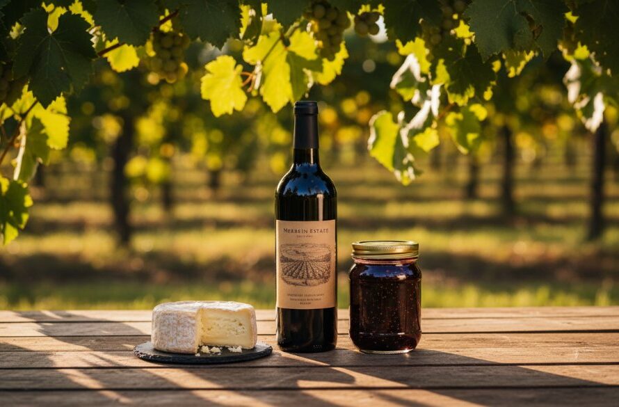 Dramatic, professionally lit photograph showcasing exquisite artisan food products arranged on a rustic table amidst a sun-drenched Merbein vineyard, highlighting Merbein vineyard product photography for artisan food brands.