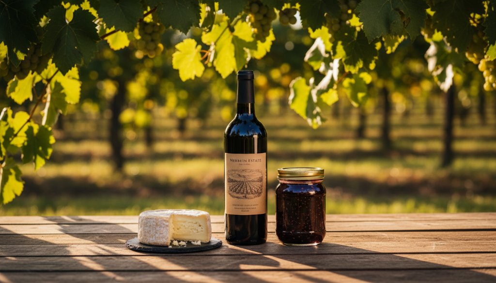 Dramatic, professionally lit photograph showcasing exquisite artisan food products arranged on a rustic table amidst a sun-drenched Merbein vineyard, highlighting Merbein vineyard product photography for artisan food brands.