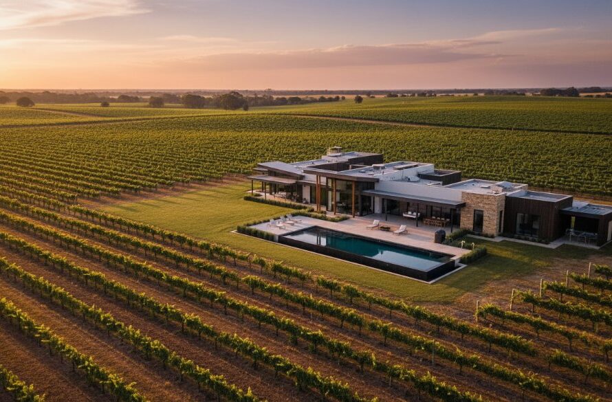 A drone's-eye view at golden hour showcasing an expansive Merbein vineyard property with a modern homestead, demonstrating exceptional Merbein vineyard property photography for premium listings. Dramatic shadows and sun-drenched vines capture the serene, luxurious lifestyle.