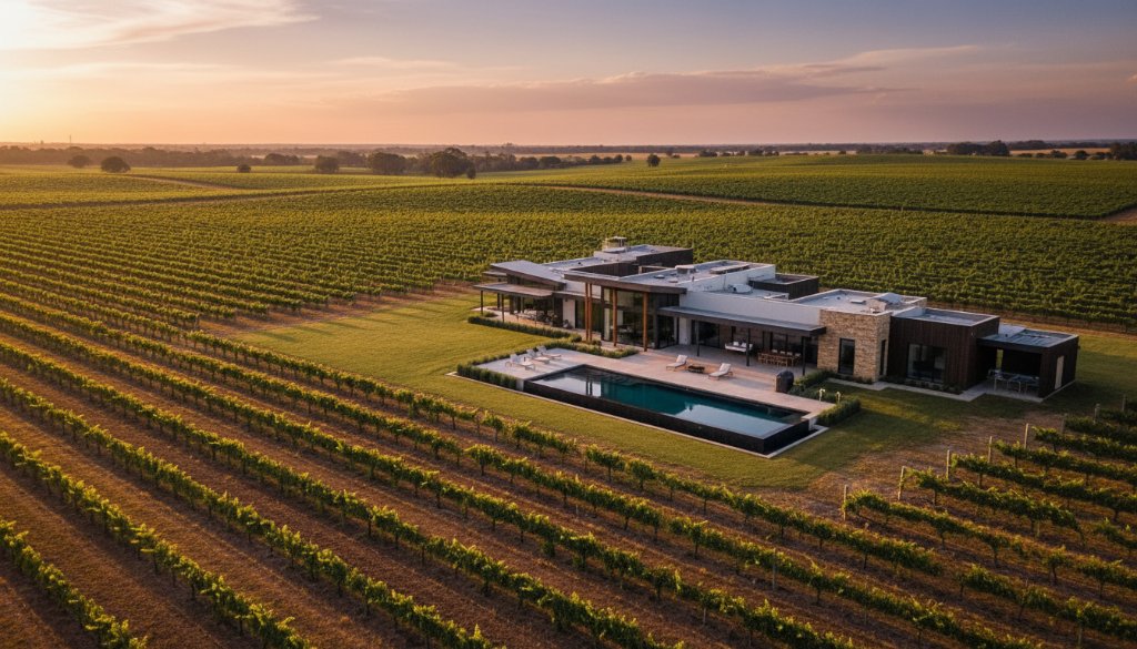 A drone's-eye view at golden hour showcasing an expansive Merbein vineyard property with a modern homestead, demonstrating exceptional Merbein vineyard property photography for premium listings. Dramatic shadows and sun-drenched vines capture the serene, luxurious lifestyle.