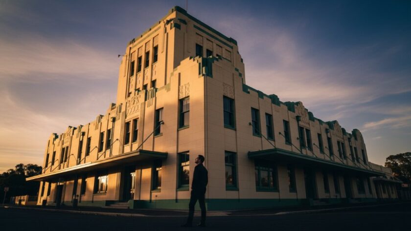 Dramatic evening shot showcasing Merbein's unique architectural heritage photography, specifically a grand art deco building, with golden hour light illuminating its intricate details and a lone figure contemplating its history.