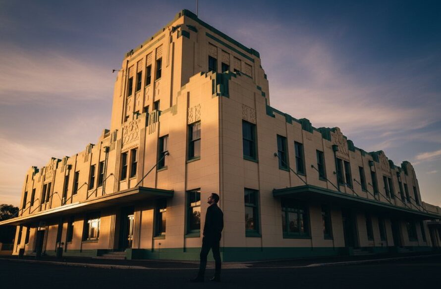 Dramatic evening shot showcasing Merbein's unique architectural heritage photography, specifically a grand art deco building, with golden hour light illuminating its intricate details and a lone figure contemplating its history.