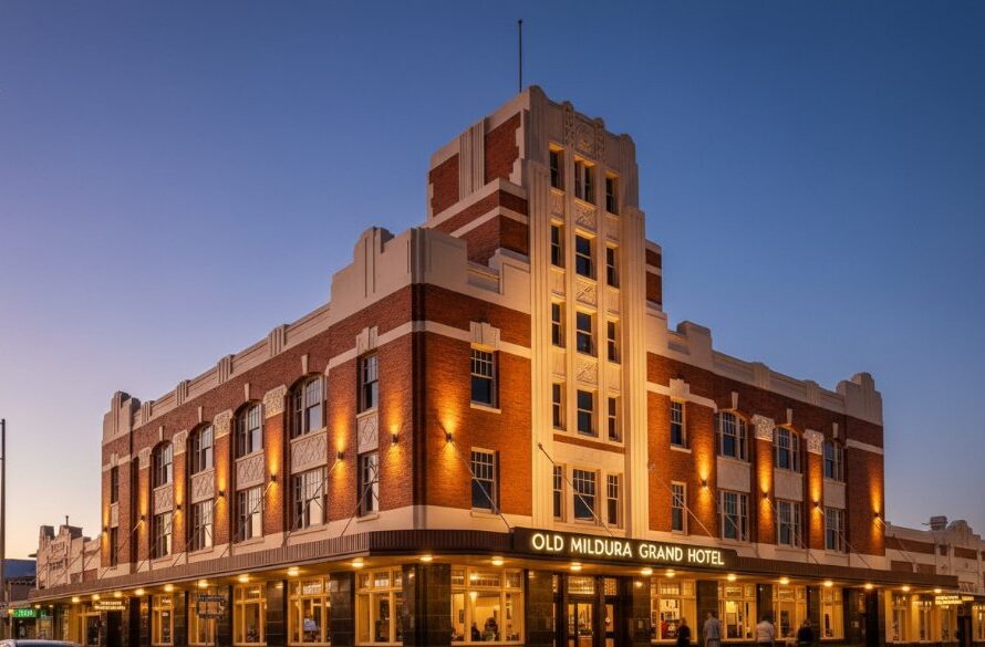 Dramatic low-angle photograph capturing the ornate facade of a sun-drenched Art Deco building in Mildura, showcasing intricate geometric details and a vibrant sky, taken by Mildura Art Deco architecture photography specialists.