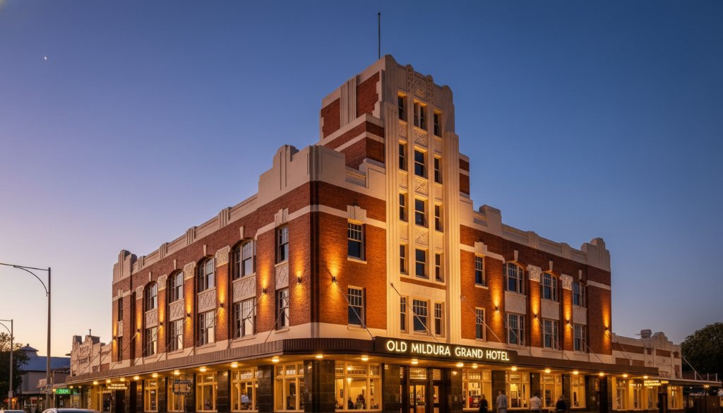Dramatic low-angle photograph capturing the ornate facade of a sun-drenched Art Deco building in Mildura, showcasing intricate geometric details and a vibrant sky, taken by Mildura Art Deco architecture photography specialists.