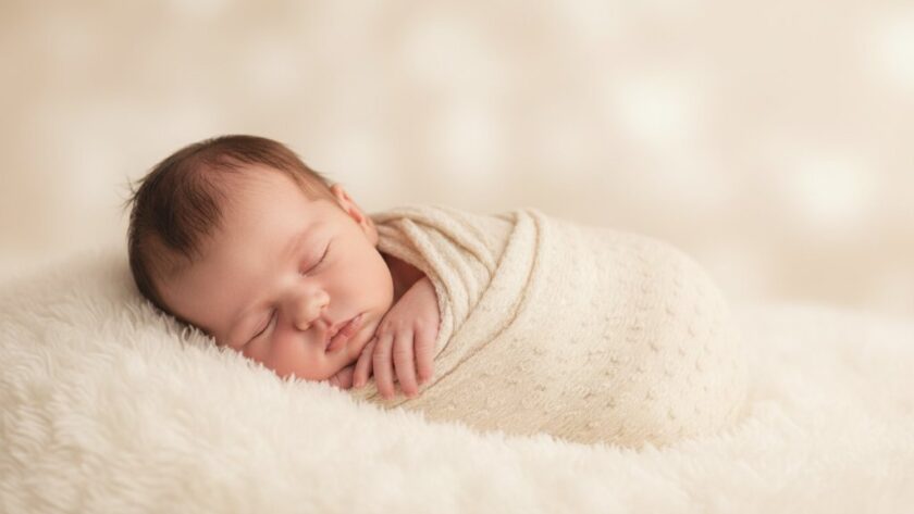 A serene and tender 'mildura authentic newborn photography experience' captured with a sleeping baby swaddled in soft muslin, lying on a plush white rug bathed in golden hour light from a large window, a parent's hand gently cradling their head, showcasing a peaceful and intimate family moment.