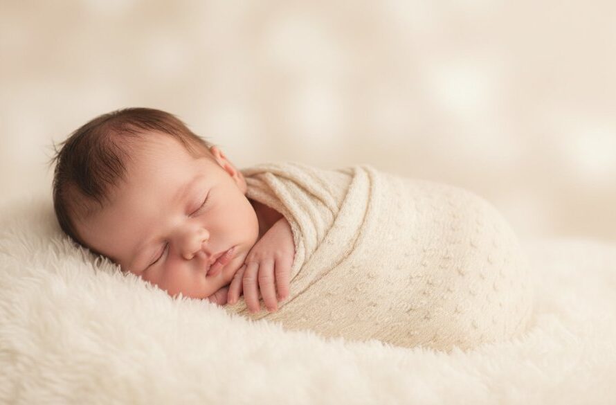 A serene and tender 'mildura authentic newborn photography experience' captured with a sleeping baby swaddled in soft muslin, lying on a plush white rug bathed in golden hour light from a large window, a parent's hand gently cradling their head, showcasing a peaceful and intimate family moment.