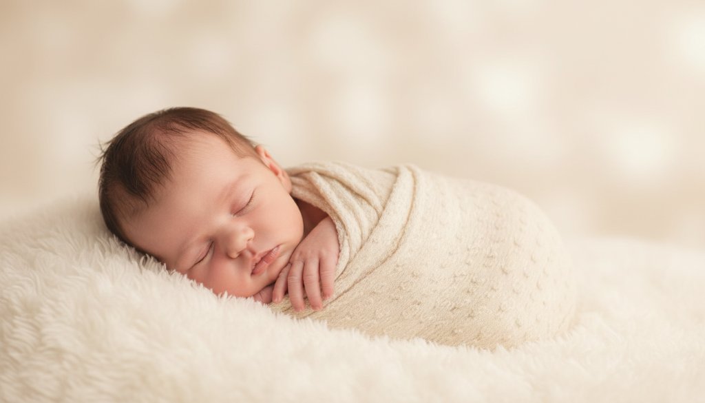 A serene and tender 'mildura authentic newborn photography experience' captured with a sleeping baby swaddled in soft muslin, lying on a plush white rug bathed in golden hour light from a large window, a parent's hand gently cradling their head, showcasing a peaceful and intimate family moment.