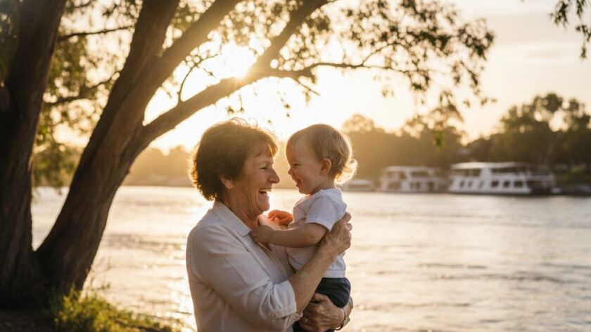 An emotional candid moment captured during Mildura candid photography capturing authentic riverfront memories, showing a couple embracing by the golden-hour-lit Murray River, laughter lines visible, with riverboats in the soft background.
