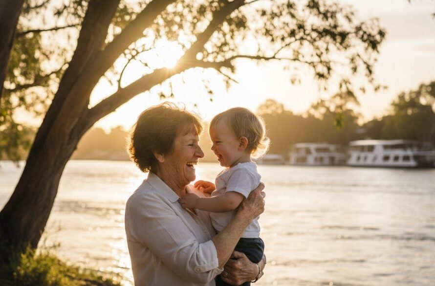 An emotional candid moment captured during Mildura candid photography capturing authentic riverfront memories, showing a couple embracing by the golden-hour-lit Murray River, laughter lines visible, with riverboats in the soft background.