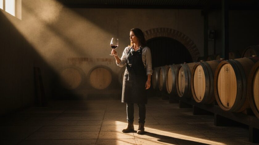 Dynamic and dramatic 'epic moment' photograph showcasing professional Mildura Commercial Photography for Sunraysia Businesses, capturing a local winemaker passionately inspecting a glass of wine in a sunlit cellar, highlighting the craft with professional lighting and rich colours.