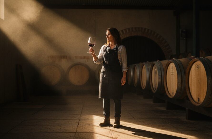 Dynamic and dramatic 'epic moment' photograph showcasing professional Mildura Commercial Photography for Sunraysia Businesses, capturing a local winemaker passionately inspecting a glass of wine in a sunlit cellar, highlighting the craft with professional lighting and rich colours.