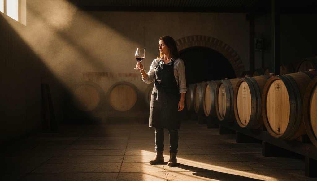 Dynamic and dramatic 'epic moment' photograph showcasing professional Mildura Commercial Photography for Sunraysia Businesses, capturing a local winemaker passionately inspecting a glass of wine in a sunlit cellar, highlighting the craft with professional lighting and rich colours.