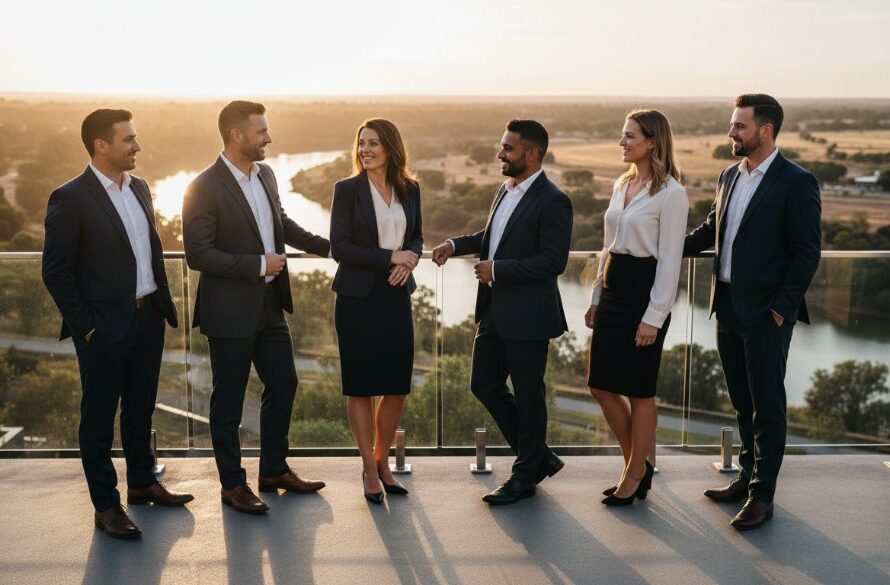 A dynamic, wide-angle shot of a confident business professional in Mildura, mid-stride, silhouetted against a golden sunset over the Murray River, capturing Mildura corporate headshots that elevate professional brands with a powerful, aspirational feel.
