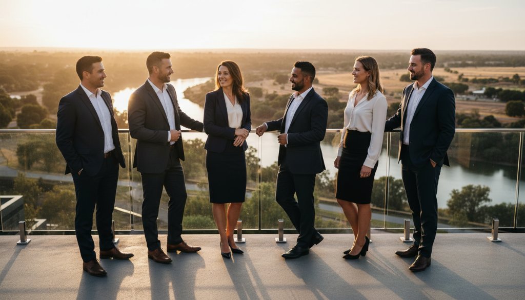 A dynamic, wide-angle shot of a confident business professional in Mildura, mid-stride, silhouetted against a golden sunset over the Murray River, capturing Mildura corporate headshots that elevate professional brands with a powerful, aspirational feel.
