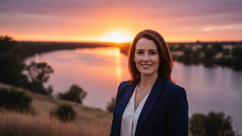 A powerful and confident Mildura executive headshots for career growth portrait of a male business leader, captured at golden hour with dramatic side lighting against the backdrop of the Murray River in Mildura, conveying ambition and success.