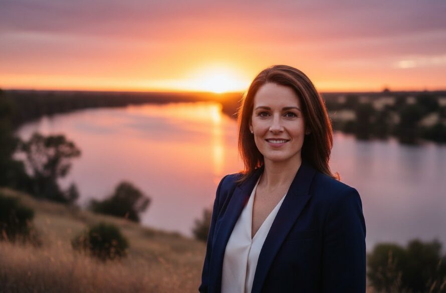 A powerful and confident Mildura executive headshots for career growth portrait of a male business leader, captured at golden hour with dramatic side lighting against the backdrop of the Murray River in Mildura, conveying ambition and success.