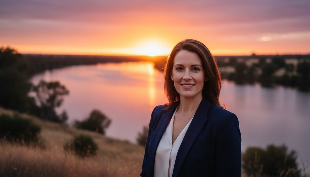 A powerful and confident Mildura executive headshots for career growth portrait of a male business leader, captured at golden hour with dramatic side lighting against the backdrop of the Murray River in Mildura, conveying ambition and success.