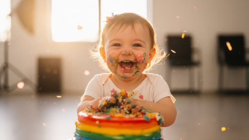 A joyous toddler covered in cake, laughing amidst colourful frosting during a Mildura First Birthday Cake Smash Photography session, with dramatic backlighting capturing the playful chaos.