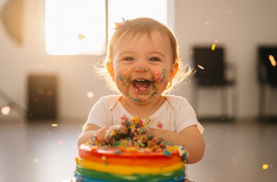 A joyous toddler covered in cake, laughing amidst colourful frosting during a Mildura First Birthday Cake Smash Photography session, with dramatic backlighting capturing the playful chaos.