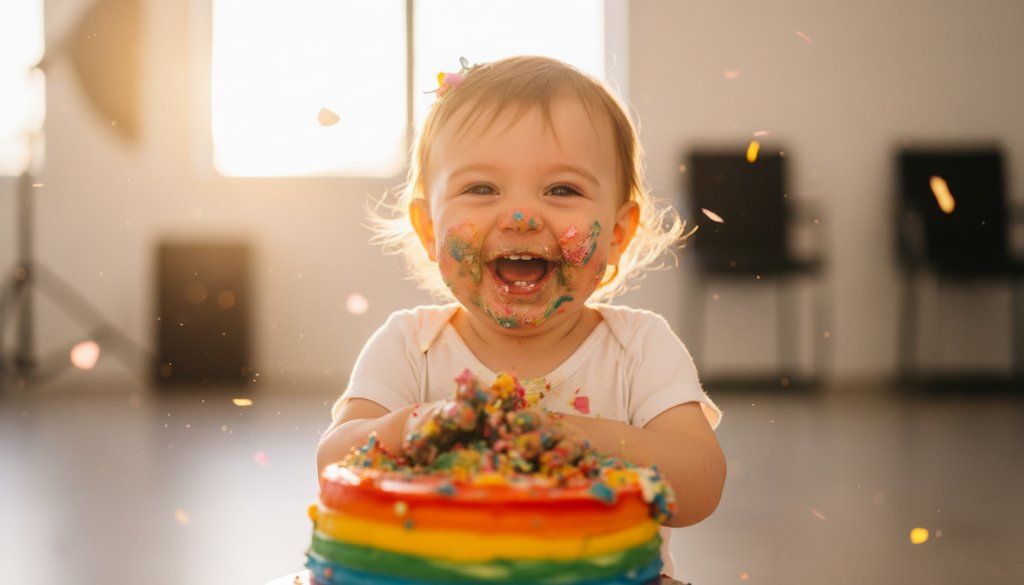 A joyous toddler covered in cake, laughing amidst colourful frosting during a Mildura First Birthday Cake Smash Photography session, with dramatic backlighting capturing the playful chaos.