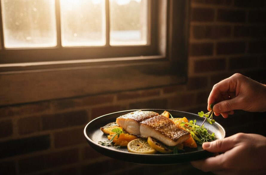 An epic moment in Mildura food photography capturing Sunraysia's culinary charm, showcasing a beautifully plated dish of locally sourced Murray River cod and fresh citrus under dramatic, golden hour lighting, with a chef's hand delicately garnishing, evoking warmth and culinary artistry.