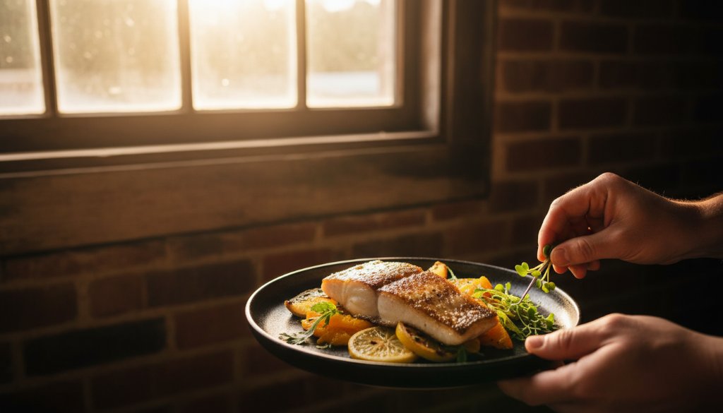An epic moment in Mildura food photography capturing Sunraysia's culinary charm, showcasing a beautifully plated dish of locally sourced Murray River cod and fresh citrus under dramatic, golden hour lighting, with a chef's hand delicately garnishing, evoking warmth and culinary artistry.