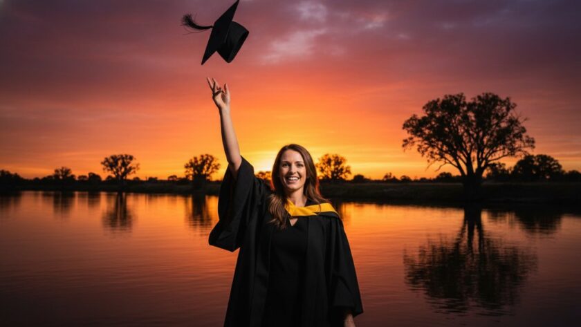 An epic moment of a smiling graduate in full regalia, throwing their cap high into the sky against a dramatic sunset over the Murray River in Mildura, symbolising the success captured by Mildura graduation photography celebrating Murray River success.