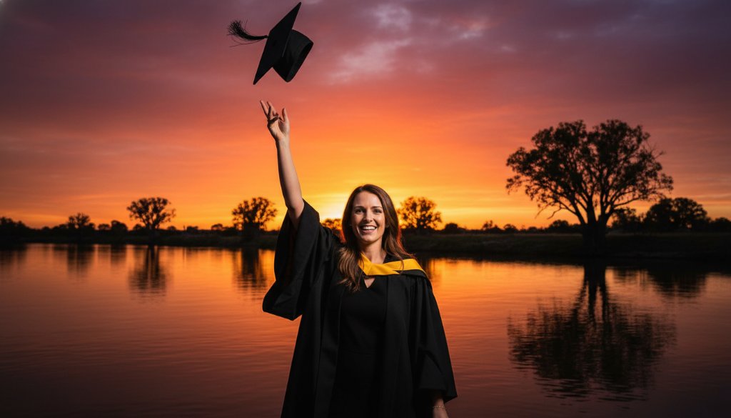 An epic moment of a smiling graduate in full regalia, throwing their cap high into the sky against a dramatic sunset over the Murray River in Mildura, symbolising the success captured by Mildura graduation photography celebrating Murray River success.