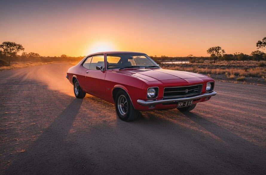 Mildura Outback Classic Car Photography: An epic, cinematic shot of a gleaming vintage Australian muscle car, a red Holden Monaro, parked at sunset on a dusty unsealed road near the Murray River in Mildura, Victoria. Dramatic golden hour light illuminates the vehicle, casting long shadows with a vibrant orange and purple sky in the background, professional color grading.