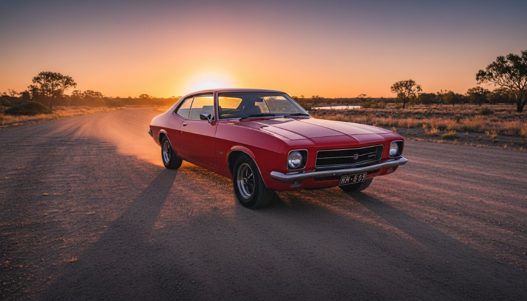 Mildura Outback Classic Car Photography: An epic, cinematic shot of a gleaming vintage Australian muscle car, a red Holden Monaro, parked at sunset on a dusty unsealed road near the Murray River in Mildura, Victoria. Dramatic golden hour light illuminates the vehicle, casting long shadows with a vibrant orange and purple sky in the background, professional color grading.