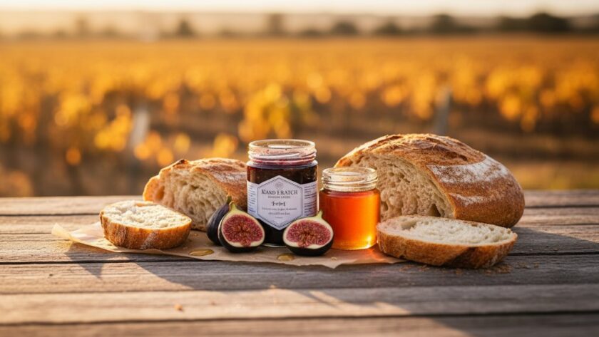 Dramatic close-up of beautifully styled artisan gourmet preserves, shimmering in the warm, golden light of a Mildura sunset, highlighting the textures and colours for Mildura product photography for artisan food businesses.