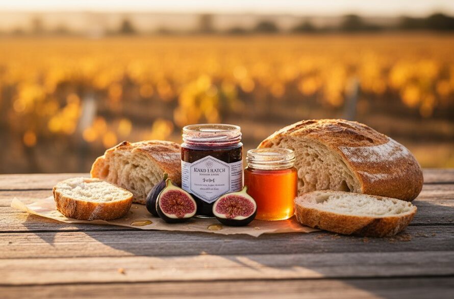 Dramatic close-up of beautifully styled artisan gourmet preserves, shimmering in the warm, golden light of a Mildura sunset, highlighting the textures and colours for Mildura product photography for artisan food businesses.