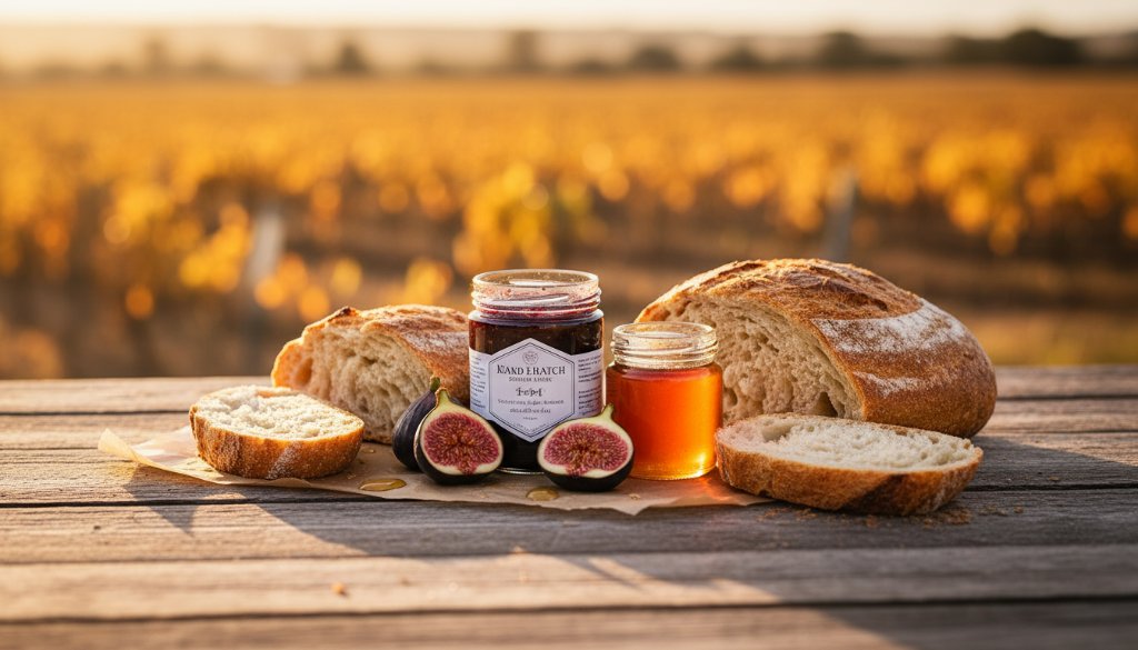 Dramatic close-up of beautifully styled artisan gourmet preserves, shimmering in the warm, golden light of a Mildura sunset, highlighting the textures and colours for Mildura product photography for artisan food businesses.